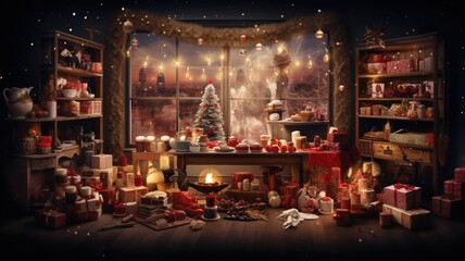 Beautiful Christmas interior of a room with large window and with full of gift boxes