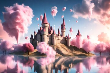 3D rendering of a fairy tale castle with cotton candy clouds - obrazy, fototapety, plakaty