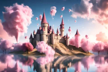 Schilderijen op glas 3D rendering of a fairy tale castle with cotton candy clouds © Malaika