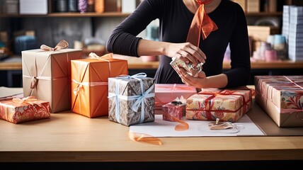 A lady at the gift store is wrapping Christmas presents with classic ribbon bows