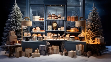 Warm and cozy Christmas market stall, adorned with orange and blue colors