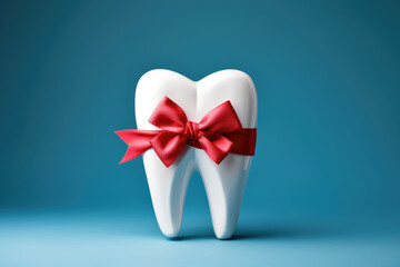 Tooth with red bow isolated on blue background. Cavity protection concept