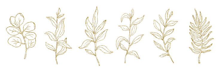 Palm and eucalyptus leaves line art, golden glitter simple hand drawn vector illustration set, isolate on white background