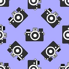 Seamless pattern vintage black camera drawn in doodle style on a purple background. Cute background, retro element, wrapping paper.