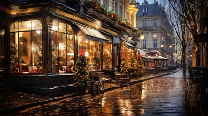 Fototapeta premium Storefront with nutcrackers on either side of the door the windows have Christmas garland around them