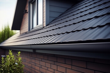 Roof gutter black and downpipe on a new tiled roof home facade - obrazy, fototapety, plakaty