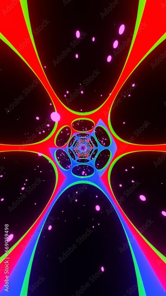 Poster hexagonal neon light tunnel motion graphics, looping animation of vertical screen design looping ani