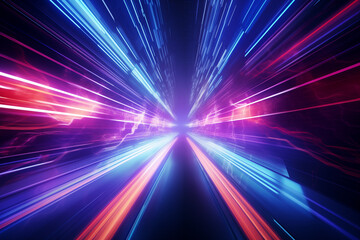 Obraz premium A captivating background featuring neon lights racing through an electrifying tunnel, creating a vibrant and dynamic backdrop with a sense of speed and energy