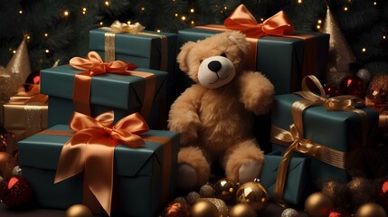 Christmas and New Year gifts in boxes wrapped with a ribbon with a bow and a teddy bear.