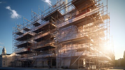 scaffolding on the façade of a multi - storey building during repair, reconstruction,