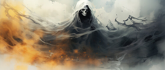 Grim reaper, death silhouette on misty white background. Generative AI - obrazy, fototapety, plakaty