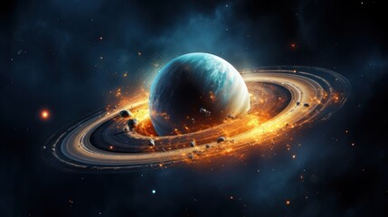 Saturn with moon Along with a special ring that surrounds the world. fantasy galaxy