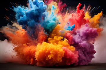 Dramatic explosion, erupting into a mesmerizing burst of vibrant, colorful smoke, a display of dynamic energy and vivid artistry