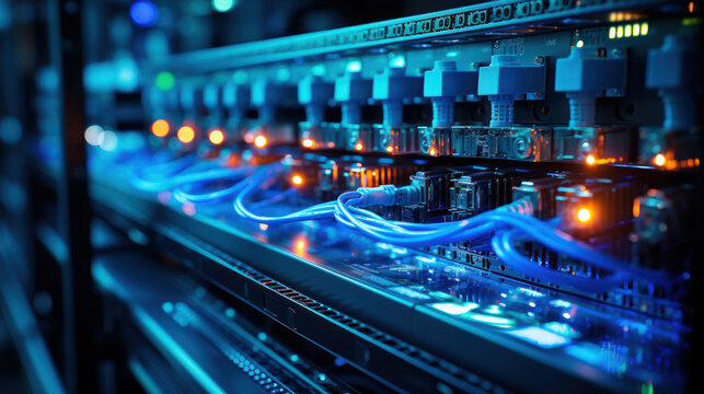 Data Center Connectivity: Network Hub with Fiber Optic Infrastructure. Generative AI
