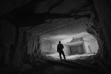 A man with powerful flashlights explores dangerous tunnels, old abandoned quarry mines near the...