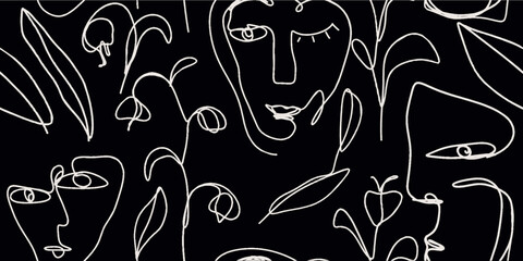 Seamless pattern line drawing of women with different faces and flowers
