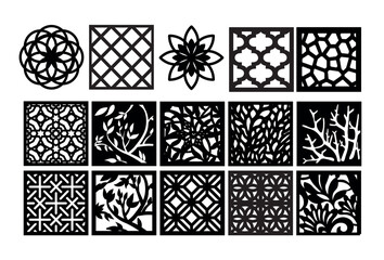 Set of laser cut panel with floral pattern.Borders, fence, screen cut templates. Laser Cut File Coasters Bundle set Tea and coffee patterns Svg, EPS, file for laser cutting, Pattern SVG Files - obrazy, fototapety, plakaty