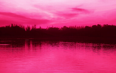 Pop Art Surreal Style Tranquil Lake Landscape in Hot Pink Color
