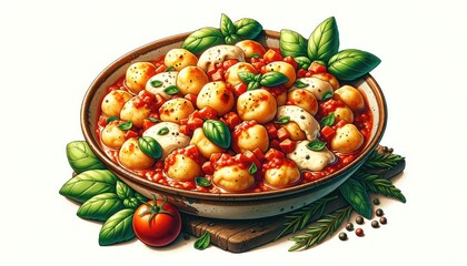 Vibrant Hand-Drawn Gnocchi Dish Illustration - Italian Pasta with Tomato Sauce and Fresh Herbs