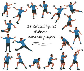 Vector figures of black handball players and keepers team in blue T-shirts in various poses training, running, jumping, throwing the ball