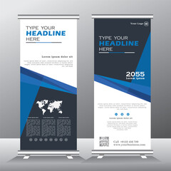 roll up banner design, roll up banner template with blue and white color, vertical banner, x banner, pull up, geometric shape banner, vector