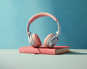 audiobook concept with headphones sitting on top of a paper book