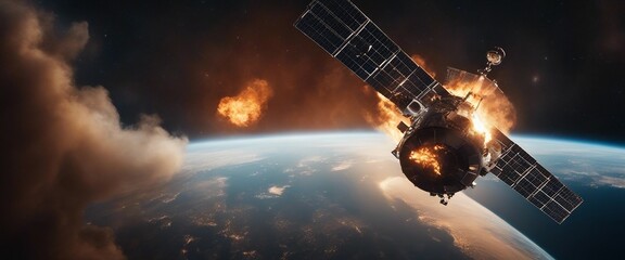 Satellite burning up in space, with the earth in the background.