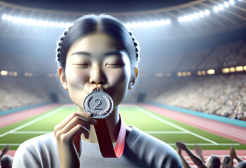 Femme d'origine asiatique qui remporte une médaille d'argent