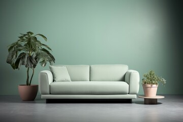 Stylish Frontal view of mint sofa. Mint wall home. Generate Ai
