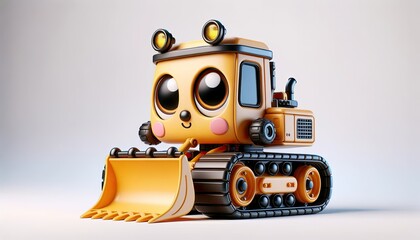 Fototapeta premium Animated bulldozer with a cute face, large eyes, and rosy cheeks. This playful character showcases vibrant orange and black details, complete with headlights and a sturdy shovel.