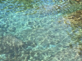 Obraz premium Sea crystal clear water surface with stones and algae at the bottom. 