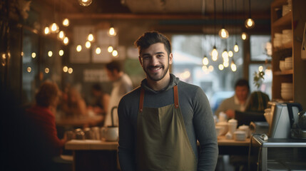Fototapeta premium Small business owner of a café at entrance looking at camera