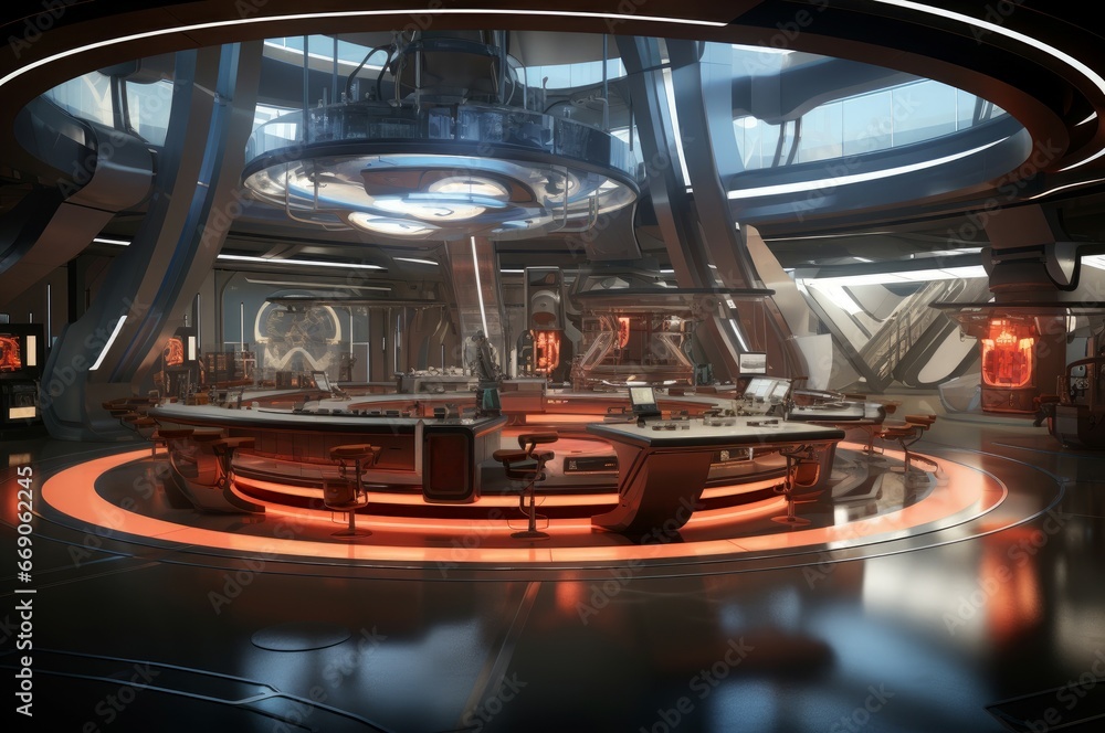 Poster illuminated futuristic lab in light. science future. generate ai
