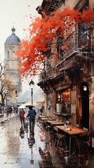 Watercolor illustration of a rainy European street with a bar or cafe and people walking.