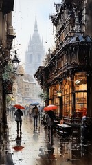 Watercolor illustration of a rainy European street with a bar or cafe and people walking.