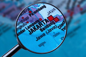 Map of JAKARTA through magnifying glass.