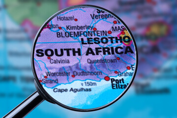 Map of SOUTH AFRICA through magnifying glass.