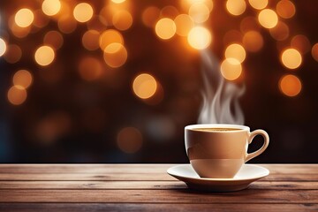 Obraz premium Morning delight. Close up espresso aroma in vintage wooden table background. Rustic charm. Aromatic cappuccino on wood desk coffee break delight