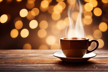 Obraz premium Morning delight. Close up espresso aroma in vintage wooden table background. Rustic charm. Aromatic cappuccino on wood desk coffee break delight