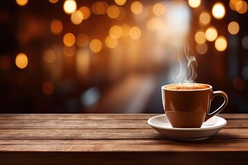 Morning delight. Close up espresso aroma in vintage wooden table background. Rustic charm. Aromatic cappuccino on wood desk coffee break delight