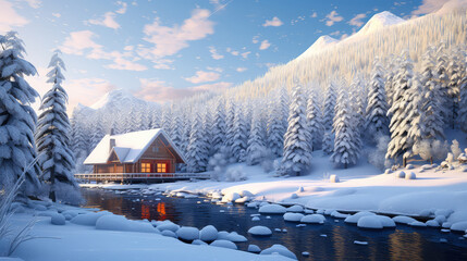 Beautiful winter landscape with wooden house in the forest. Christmas background