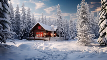 Beautiful winter landscape with wooden house in the forest. Christmas background