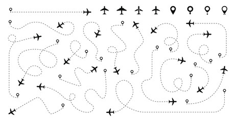 Airplane routes set. Plane dotted paths. Aircraft route dashed line. Aircraft tracking. Airplanes and location pins. Plane travel from start point. Vector illustration. - obrazy, fototapety, plakaty