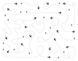 Airplane routes set. Plane dotted paths. Aircraft route dashed line. Aircraft tracking. Airplanes and location pins. Plane travel from start point. Vector illustration.