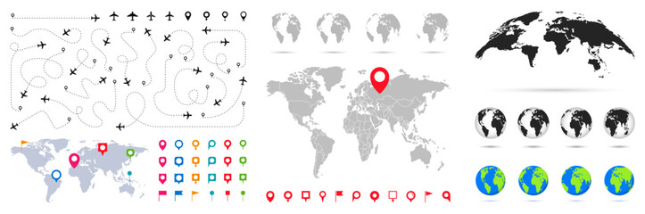 Big set of world maps, globes and location pins. Airplane routes set. World map with continents and infograpchic elements. Destination pointers. World travel map with plane. Vector illustration.