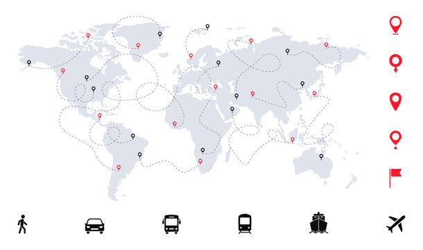 World travel map with routes, transport and pins. Transport dotted routes with pointers. Auto, bus, train, ship, plane and on foot. Vector illustration.