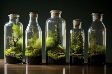 Sustainable Glass bottle with green ecosystem. Natural plant. Generate Ai