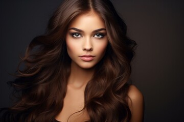 a close-up studio fashion portrait of a young woman with perfect skin, long wavy brown hair and immaculate make-up. dark background. Skin beauty and hormonal female health concept