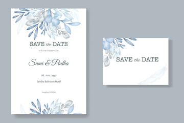 Fototapeta na wymiar elegant blue winter leaves wedding invitation