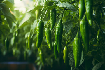 Organic green chili peppers growing in the greenhouse - obrazy, fototapety, plakaty